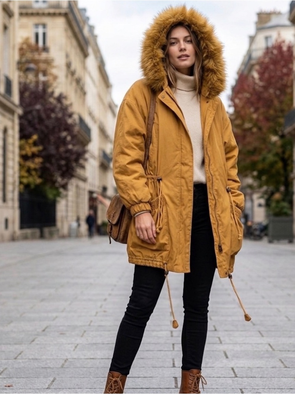 Women's Mustard Hooded Jacket with Fur Trim